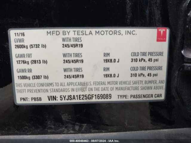 Photo 8 VIN: 5YJSA1E25GF169089 - TESLA MODEL S 