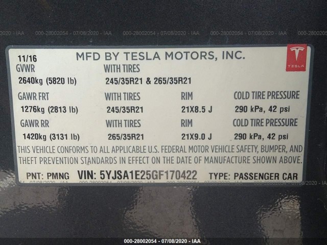 Photo 8 VIN: 5YJSA1E25GF170422 - TESLA MODEL S 