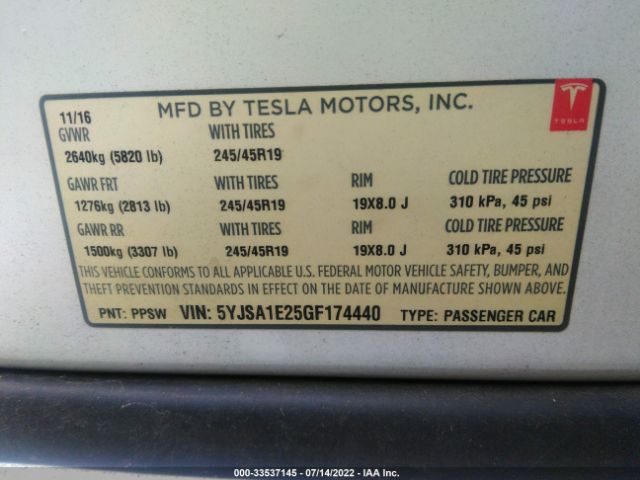 Photo 8 VIN: 5YJSA1E25GF174440 - TESLA MODEL S 