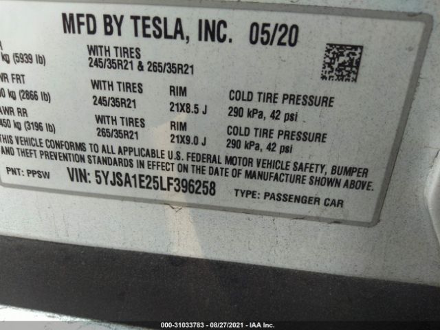 Photo 8 VIN: 5YJSA1E25LF396258 - TESLA MODEL S 