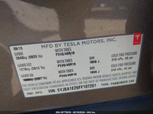 Photo 8 VIN: 5YJSA1E26FF107201 - TESLA MODEL S 