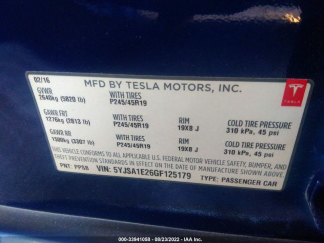 Photo 8 VIN: 5YJSA1E26GF125179 - TESLA MODEL S90D 