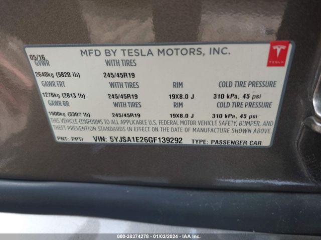 Photo 8 VIN: 5YJSA1E26GF139292 - TESLA MODEL S 