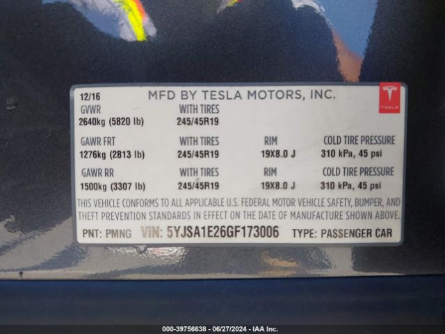 Photo 8 VIN: 5YJSA1E26GF173006 - TESLA MODEL S 