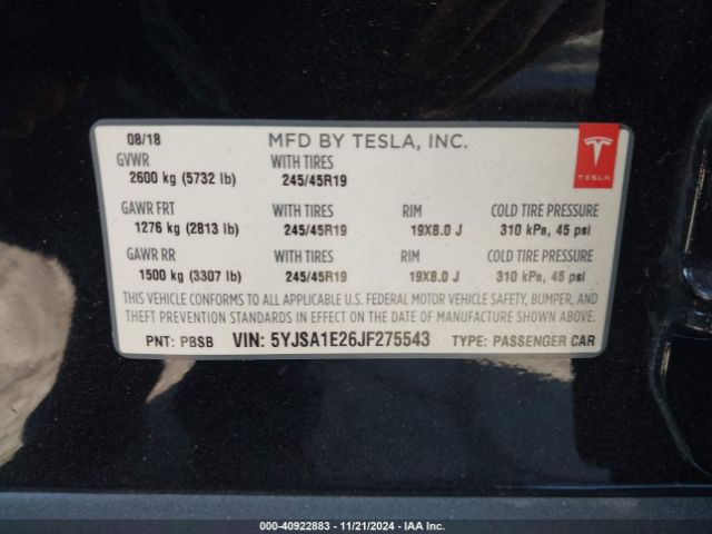 Photo 8 VIN: 5YJSA1E26JF275543 - TESLA MODEL S 