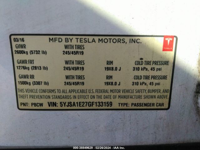 Photo 8 VIN: 5YJSA1E27GF133159 - TESLA MODEL S 