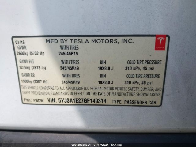 Photo 8 VIN: 5YJSA1E27GF149314 - TESLA MODEL S 