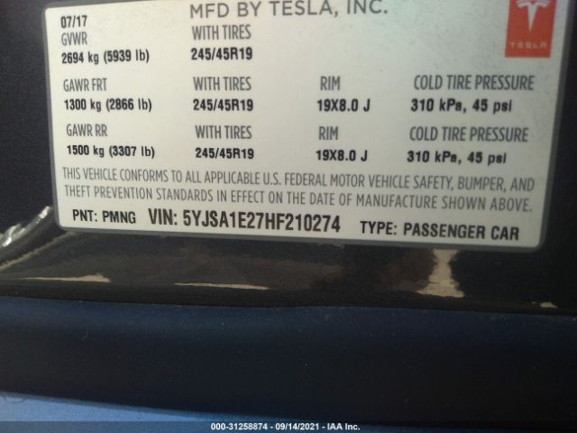 Photo 8 VIN: 5YJSA1E27HF210274 - TESLA MODEL S 