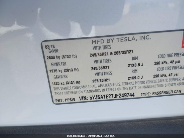 Photo 8 VIN: 5YJSA1E27JF249744 - TESLA MODEL S 