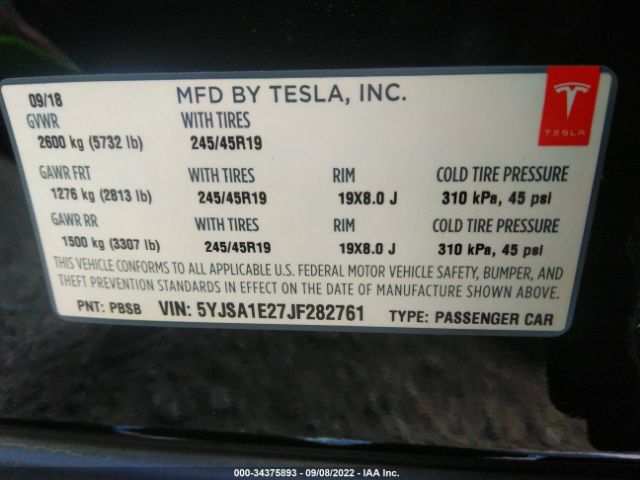 Photo 8 VIN: 5YJSA1E27JF282761 - TESLA MODEL S 