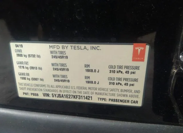 Photo 8 VIN: 5YJSA1E27KF311421 - TESLA MODEL S 