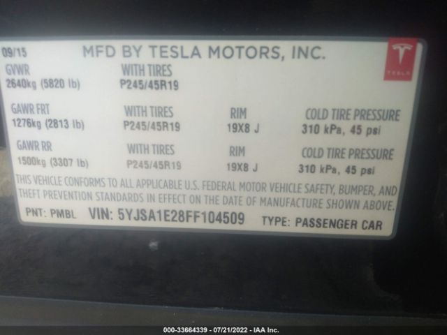 Photo 8 VIN: 5YJSA1E28FF104509 - TESLA MODEL S 