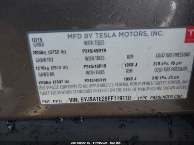 Photo 8 VIN: 5YJSA1E28FF119110 - TESLA MODEL S 