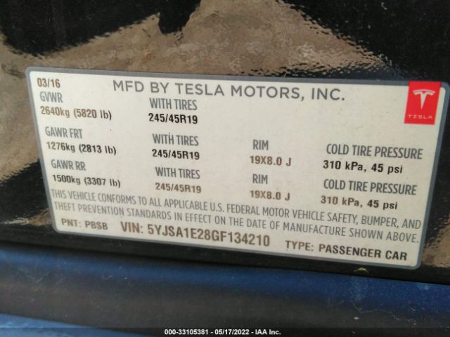 Photo 8 VIN: 5YJSA1E28GF134210 - TESLA MODEL S 