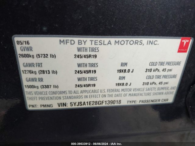 Photo 8 VIN: 5YJSA1E28GF139018 - TESLA MODEL S 