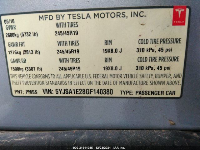 Photo 8 VIN: 5YJSA1E28GF140380 - TESLA MODEL S 