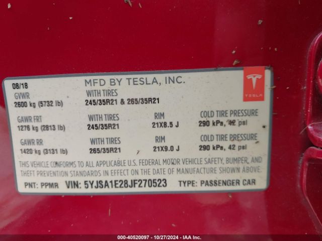 Photo 8 VIN: 5YJSA1E28JF270523 - TESLA MODEL S 