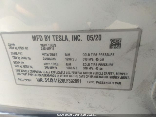 Photo 8 VIN: 5YJSA1E28LF392091 - TESLA MODEL S 