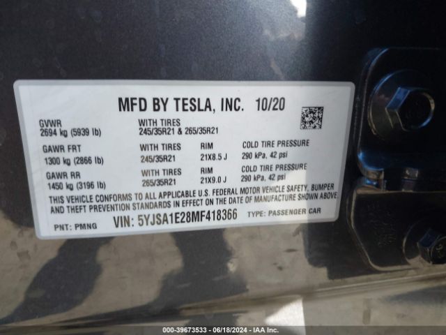 Photo 8 VIN: 5YJSA1E28MF418366 - TESLA MODEL S 