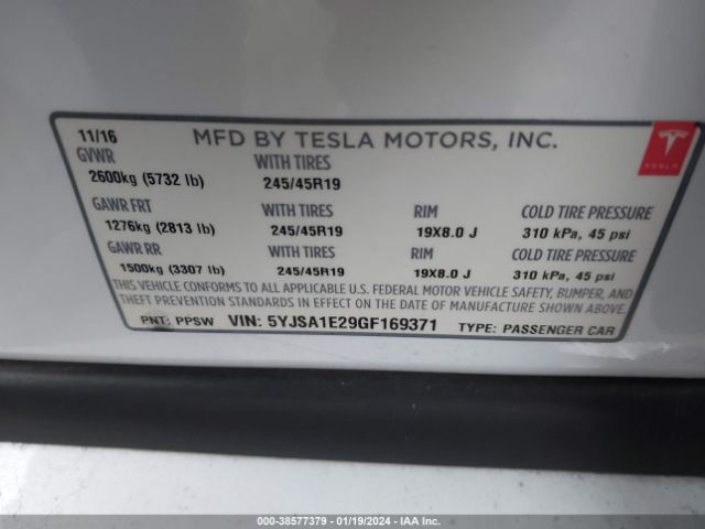 Photo 8 VIN: 5YJSA1E29GF169371 - TESLA MODEL S 