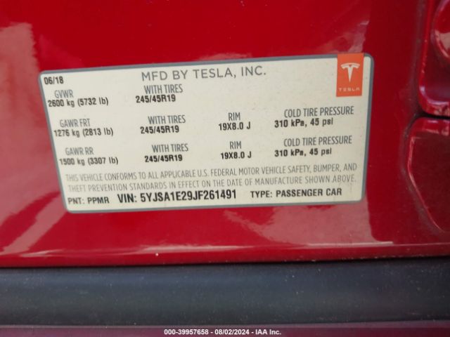 Photo 8 VIN: 5YJSA1E29JF261491 - TESLA MODEL S 