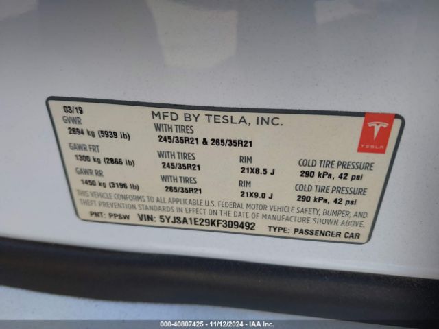 Photo 8 VIN: 5YJSA1E29KF309492 - TESLA MODEL S 