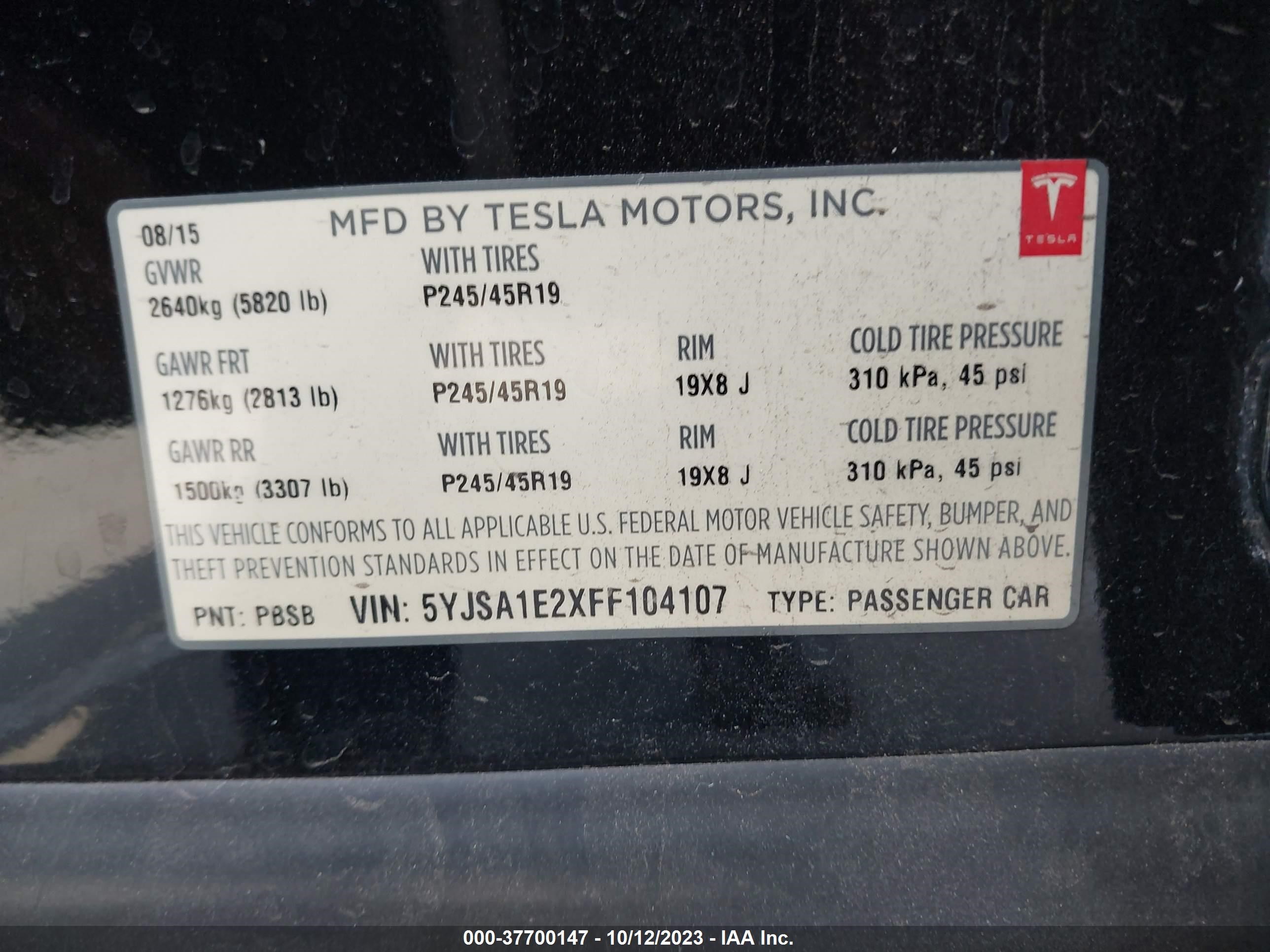 Photo 8 VIN: 5YJSA1E2XFF104107 - TESLA MODEL S 