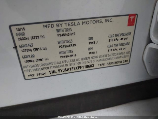 Photo 8 VIN: 5YJSA1E2XFF110683 - TESLA MODEL S 