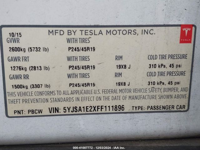 Photo 8 VIN: 5YJSA1E2XFF111896 - TESLA MODEL S 