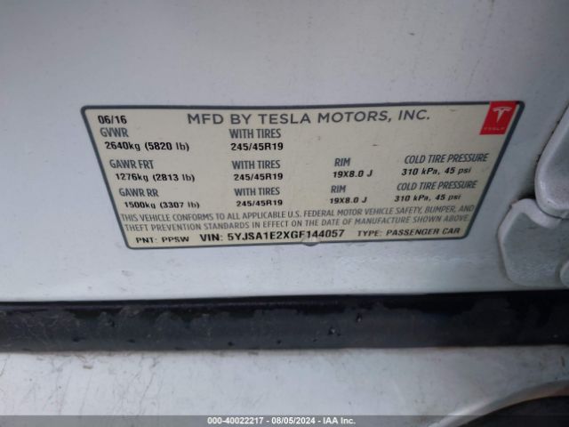 Photo 8 VIN: 5YJSA1E2XGF144057 - TESLA MODEL S 