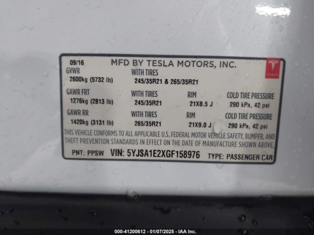 Photo 8 VIN: 5YJSA1E2XGF158976 - TESLA MODEL S 