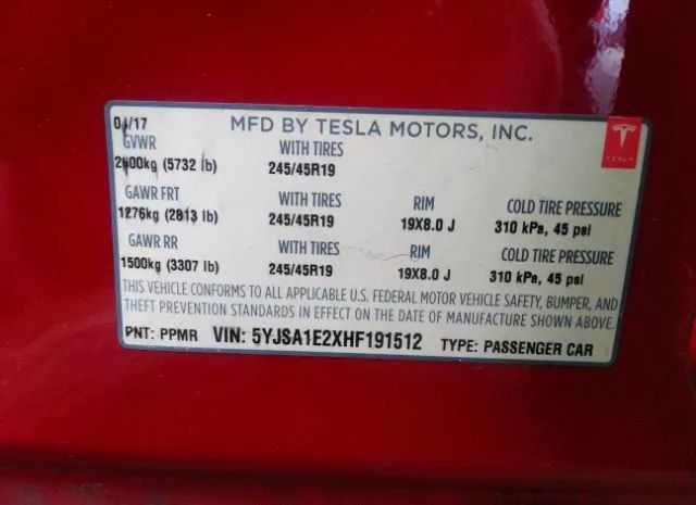 Photo 8 VIN: 5YJSA1E2XHF191512 - TESLA MODEL S 