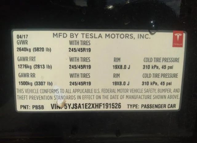 Photo 8 VIN: 5YJSA1E2XHF191526 - TESLA MODEL S 