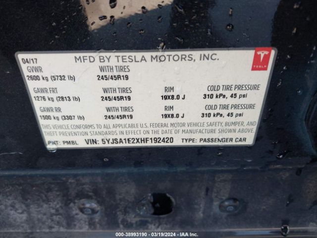 Photo 8 VIN: 5YJSA1E2XHF192420 - TESLA MODEL S 