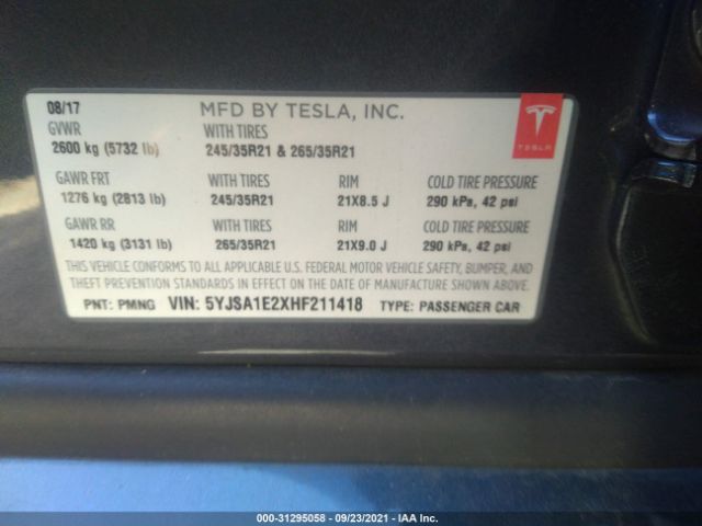 Photo 8 VIN: 5YJSA1E2XHF211418 - TESLA MODEL S 