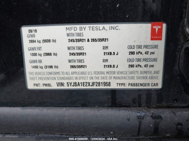 Photo 8 VIN: 5YJSA1E2XJF281958 - TESLA MODEL S 