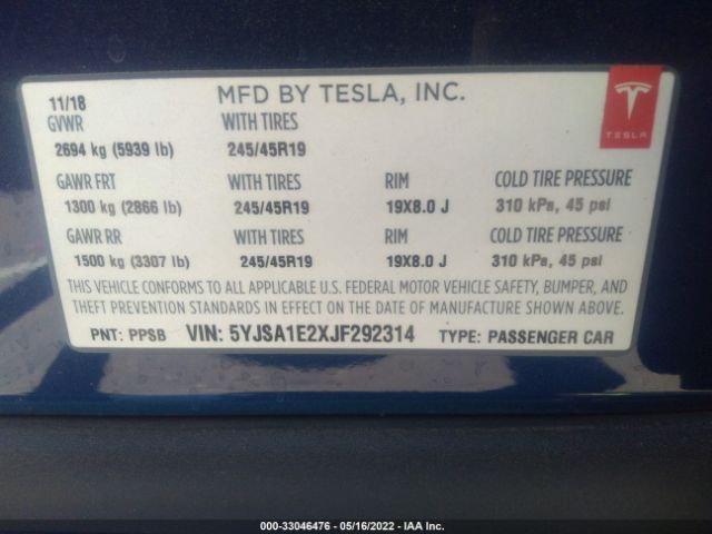 Photo 8 VIN: 5YJSA1E2XJF292314 - TESLA MODEL S 