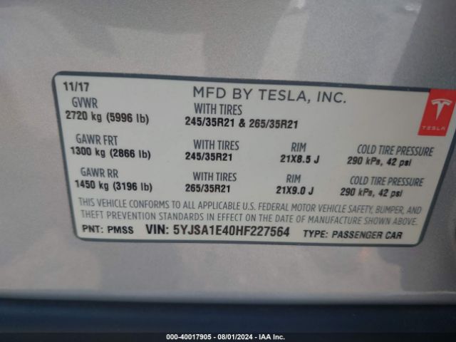 Photo 8 VIN: 5YJSA1E40HF227564 - TESLA MODEL S 