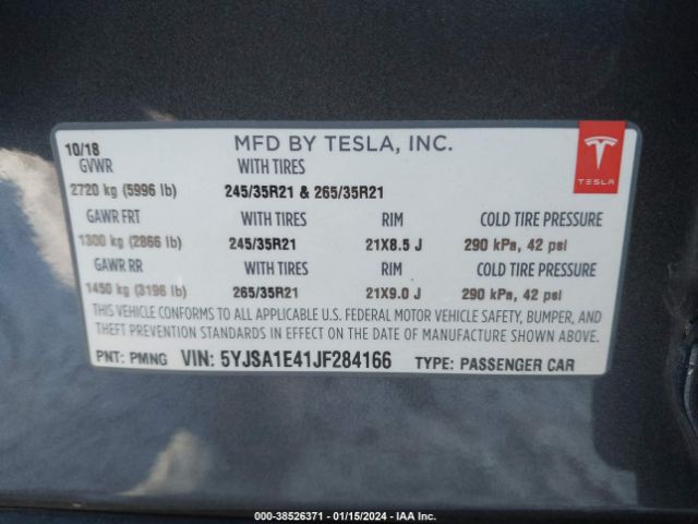 Photo 8 VIN: 5YJSA1E41JF284166 - TESLA MODEL S 