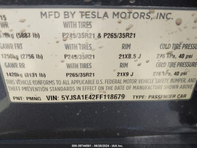 Photo 8 VIN: 5YJSA1E42FF118679 - TESLA MODEL S 