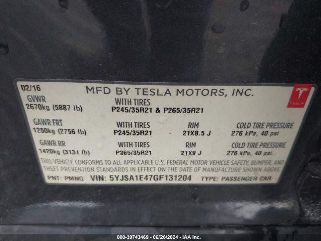 Photo 8 VIN: 5YJSA1E47GF131204 - TESLA MODEL S 