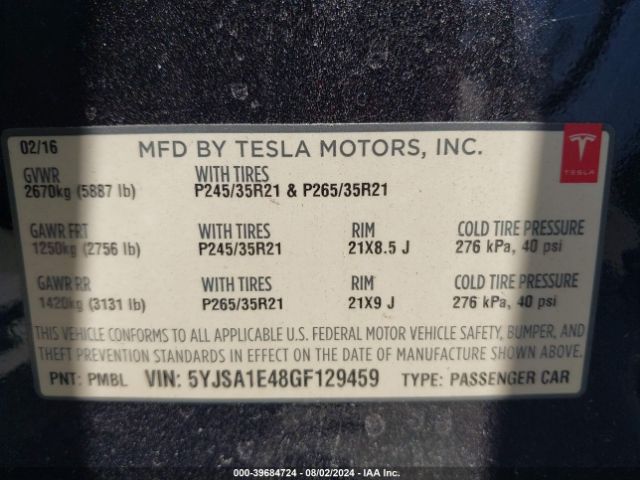 Photo 8 VIN: 5YJSA1E48GF129459 - TESLA MODEL S 