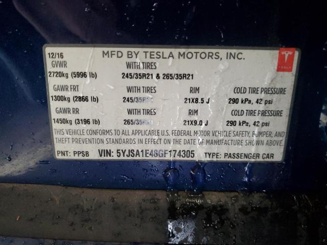 Photo 12 VIN: 5YJSA1E48GF174305 - TESLA MODEL S 