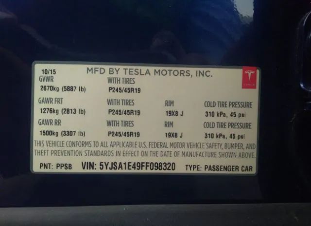 Photo 8 VIN: 5YJSA1E49FF098320 - TESLA MODEL S 