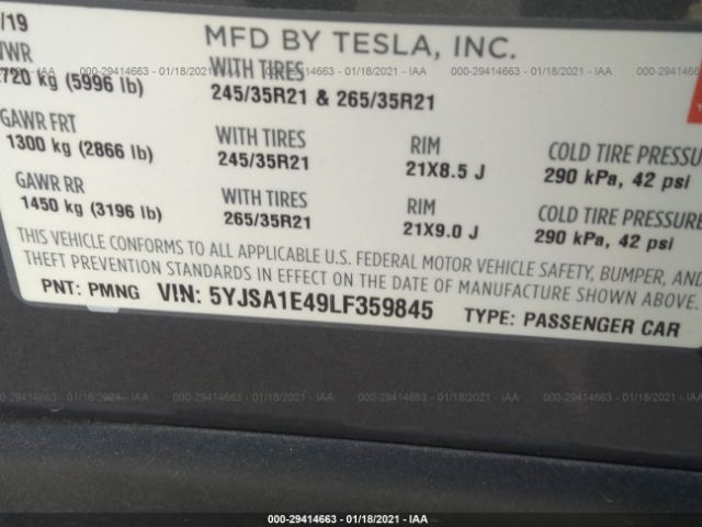 Photo 8 VIN: 5YJSA1E49LF359845 - TESLA MODEL S 