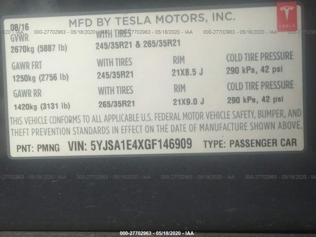 Photo 8 VIN: 5YJSA1E4XGF146909 - TESLA MODEL S 