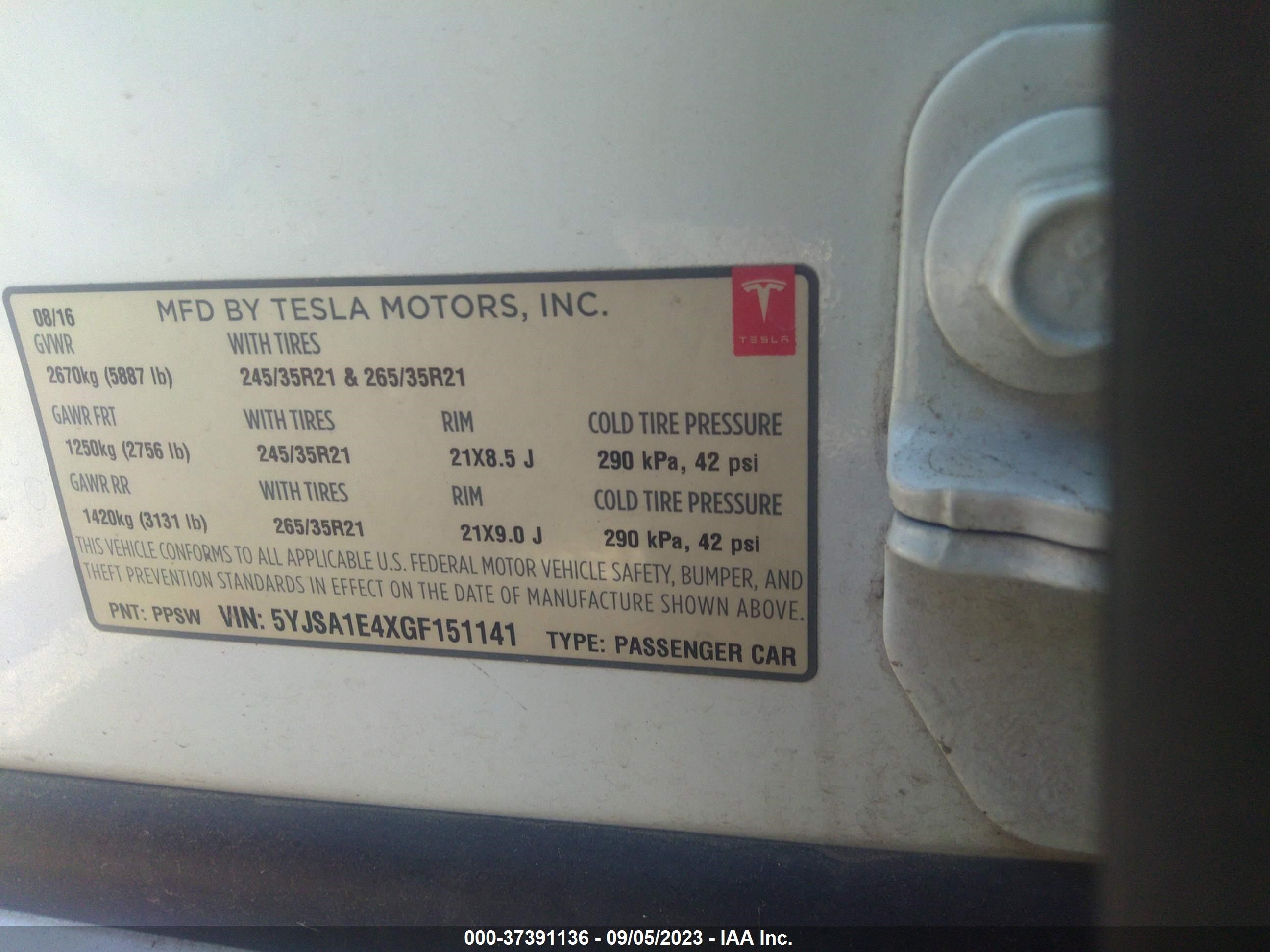 Photo 8 VIN: 5YJSA1E4XGF151141 - TESLA MODEL S 