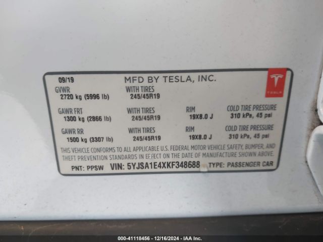 Photo 8 VIN: 5YJSA1E4XKF348688 - TESLA MODEL S 