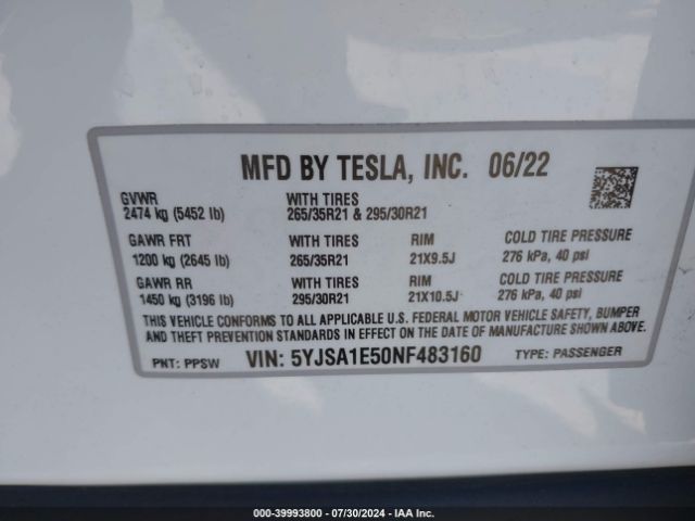 Photo 8 VIN: 5YJSA1E50NF483160 - TESLA MODEL S 