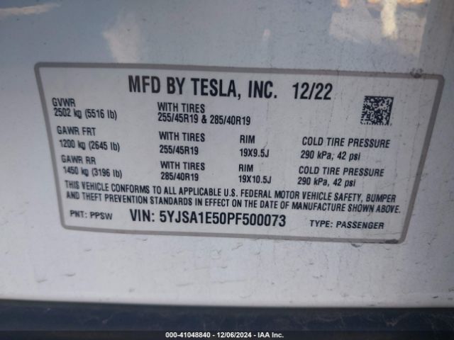 Photo 8 VIN: 5YJSA1E50PF500073 - TESLA MODEL S 